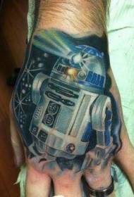 Noslēpumains R2D2 Zvaigžņu karu rakstura tetovējums rokas aizmugurē