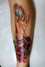 Modello di tatuaggio a mano di donna colorata stile vecchia scuola di gambe