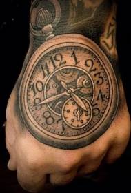 Realistic black and white clock tattoo pattern on the back of the hand