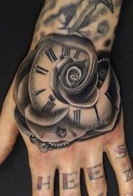 Hand back gray half rose half clock tattoo pattern