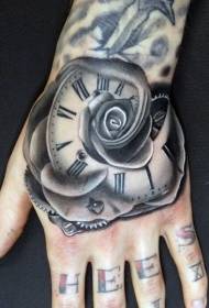 手背令人印象深刻的黑白玫瑰时钟纹身图案