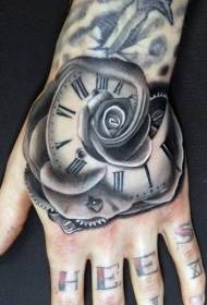 Impressionante modello di tatuaggio dell'orologio rosa bianco e nero sul dorso della mano