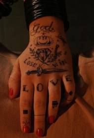 Hand back sword diamond and letter tattoo pattern