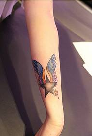 Nydelig håndfarget fargerikt femspiss tatoveringsbilde med stjernevinger