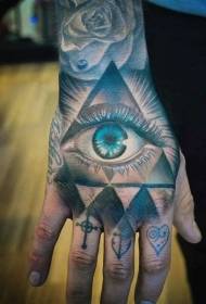 Misteriosos ojos de color y un patrón de tatuaje triangular en el dorso de la mano