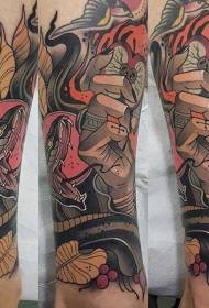 Mano misteriosa de color de la vieja escuela con patrón de tatuaje de serpiente de manzana