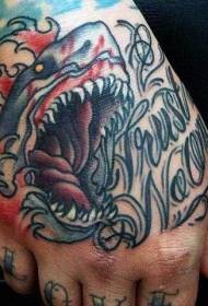 Modello di tatuaggio di lettera di squalo sanguinante spaventoso a mano indietro della vecchia scuola