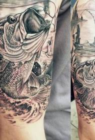 Foarte realist model de tatuaj de pescuit gri negru pe braț