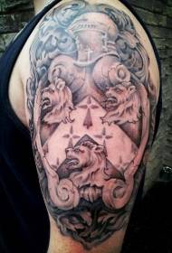 Malaking braso medieval knight at pattern ng tattoo ng leon na badge