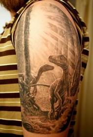 Veľmi rameno veľmi realistické tetovanie lesa a dinosaura