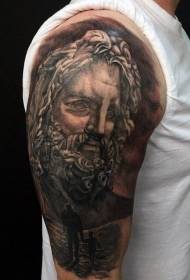 Czarno-szary wzór tatuażu z bronią ojca i syna oraz posąg boga morza