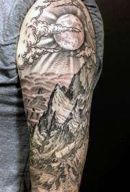 Velká paže nádherné fantazie světa černá šedá horská tetování vzor