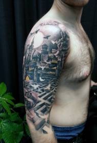 Castello misterioso in stile industriale sulle spalle con tatuaggio a labirinto