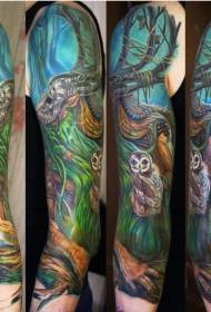 Arm new style colorful mysterious forest owl tattoo picture