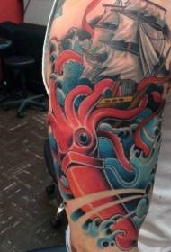 Большой красный злой кальмар атакующий рисунок тату
