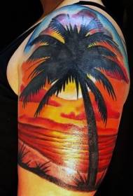 Grote arm geschilderd romantische oceaan zonsondergang met palm tattoo patroon