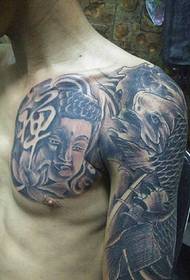 Tattoo yakuda ndi yoyera ya zida zankhondo zophatikizika ndi Buddha ndi squid