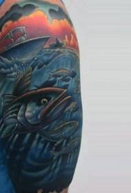팔 만화 다채로운 낚시 보트 물고기와 큰 물고기 문신 패턴