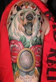 手臂old school北极熊玫瑰纹身图案