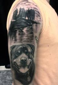 Cladach an locha foraoise lámh le patrún tattoo réalaíoch madra dubh agus bán