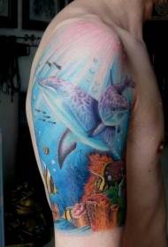 Immagini di tatuaggi realistici con i delfini sottomarini di colore spalla
