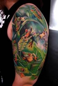 大綠色的植物叢林和許多青蛙紋身圖案
