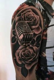 Crno sivi crni mikrofon s uzorkom tetovaže ruža