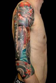 Estilo asiático tradicional flores coloridas e padrão de tatuagem de braço de gueixa