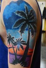 Veliki šareni zalazak sunca s uzorkom tetovaže palminog drveta