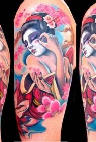 Brazo patrón de tatuaxe de xeisha e flor de cereixa na acuarela