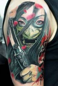 Shoulder color japanese warrior mask tattoo pattern