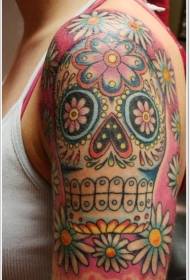 Model de tatuaj craniu mexican colorat cu umăr