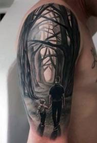 Arm zwart grijze vader en mysterieus bos tattoo-patroon