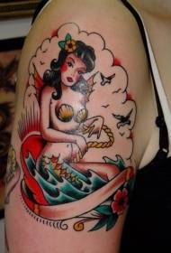 Shoulder ძველი სკოლის ფერი Mermaid tattoo ნიმუში