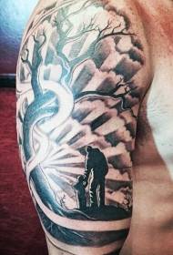 Pátrún tattoo tírdhreach tuáille luí na gréine mór dubh agus bán