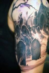 Big black ash old cemetery and house tattoo pattern