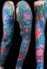 Een reeks oogverblindende gekleurde tattoo-ontwerpen met bloemarmen
