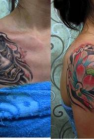 Taispeánann saothair tattoo Nanjing: prajna leath-bhácáilte álainn le patrún tattoo Lotus