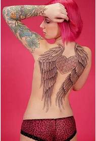 Ženska hrbtna krila v obliki srca in cvetna tatoo na roki