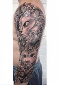 Jongens armen op zwart grijs schets Sting Tips Creatieve kat bloemen bloem Arm Tattoo foto