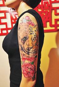 Blomsterarm tatoveringsbilder av hunder og tigre som er halvt ansikt