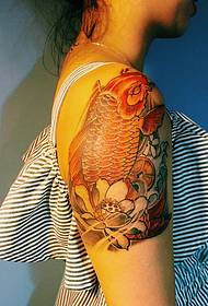 Patrón de tatuaxe de brazo de flor de loto e carpa de ouro