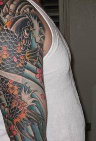 Wzór tatuażu na ramię z czarnymi kałamarnicami i falami kwiatowymi