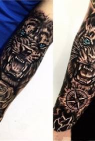 Schiță gri negru înfățișând imaginea creativă tatuaj braț floare cap de leu dominator