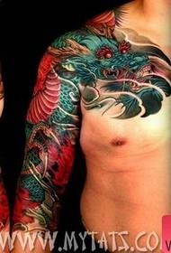 Pusė drakono tatuiruotės modelis: spalvotas pusės drakono gėlių rankos drakono tatuiruotės modelis