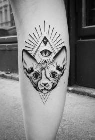 cath heb wallt dirgel du llo gyda phatrwm tatŵ llygad geometrig