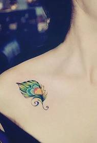 hermoso tatuaje de plumas de pavo real en la clavícula