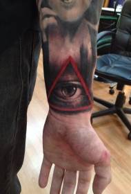 rokas melnas pelēkas acis ar sarkanu trīsstūra tetovējuma rakstu