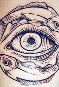noslēpumains melnas līnijas gravēšanas stila acu un zivju tetovējums