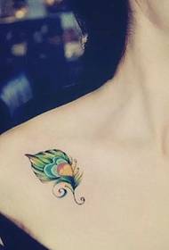 modello di tatuaggio piuma di colore della ragazza sotto la clavicola